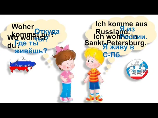 Woher kommst du? Ich komme aus Russland. Wo wohnst du?