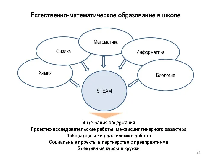 Естественно-математическое образование в школе STEAM Химия Физика Математика Информатика Биология Интеграция содержания Проектно-исследовательские