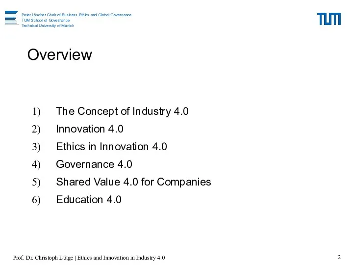 Overview The Concept of Industry 4.0 Innovation 4.0 Ethics in Innovation 4.0 Governance
