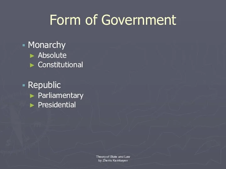 Form of Government Monarchy Absolute Constitutional Republic Parliamentary Presidential Theory