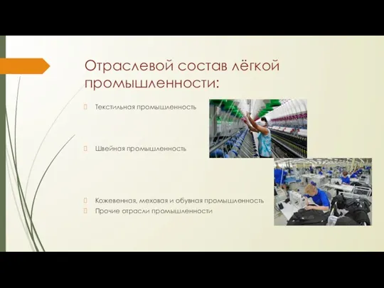 Отраслевой состав лёгкой промышленности: Текстильная промышленность Швейная промышленность Кожевенная, меховая и обувная промышленность Прочие отрасли промышленности