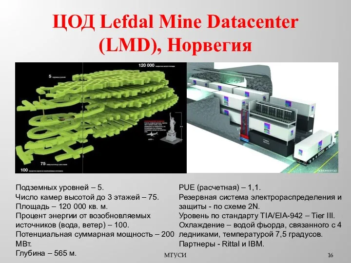 ЦОД Lefdal Mine Datacenter (LMD), Норвегия МТУСИ Подземных уровней –
