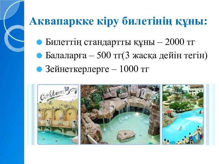 Аквапаркке кіру билетінің құны: Билеттің стандартты құны – 2000 тг