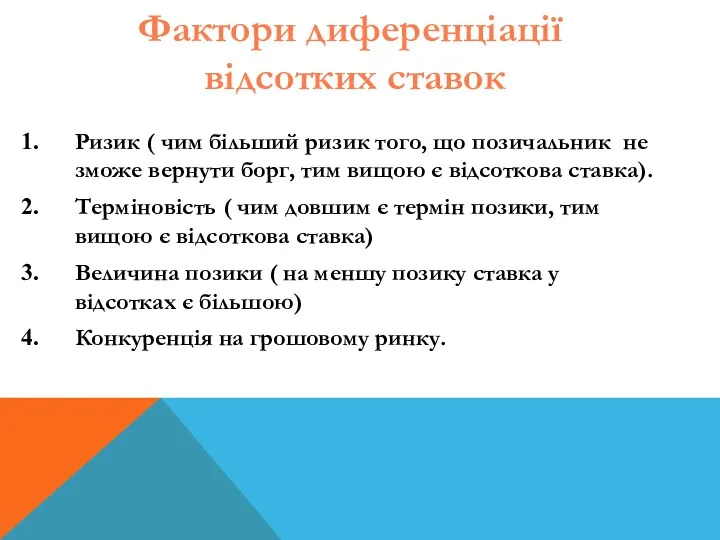 Ризик ( чим більший ризик того, що позичальник не зможе вернути борг, тим