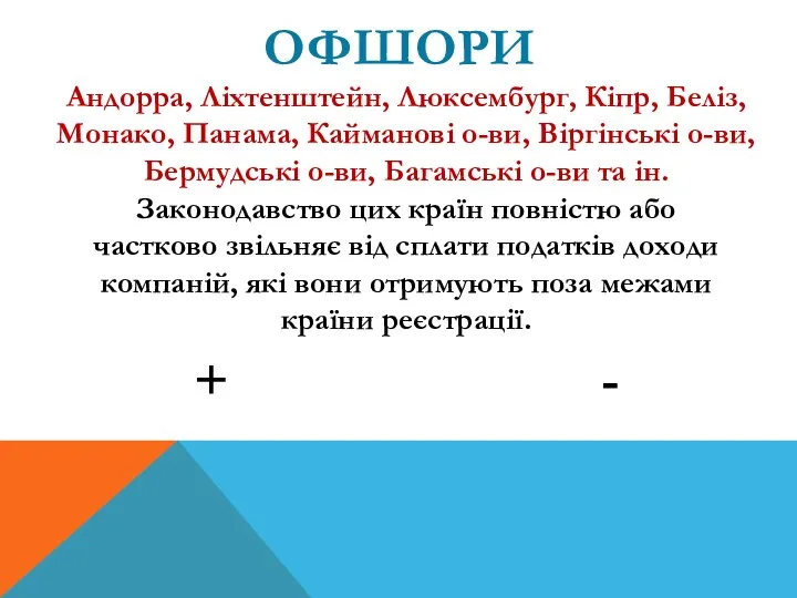 ОФШОРИ Андорра, Ліхтенштейн, Люксембург, Кіпр, Беліз, Монако, Панама, Кайманові о-ви, Віргінські о-ви, Бермудські