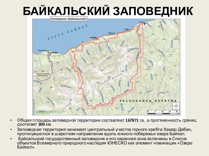 БАЙКАЛЬСКИЙ ЗАПОВЕДНИК Общая площадь заповедной территории составляет 167871 га, а