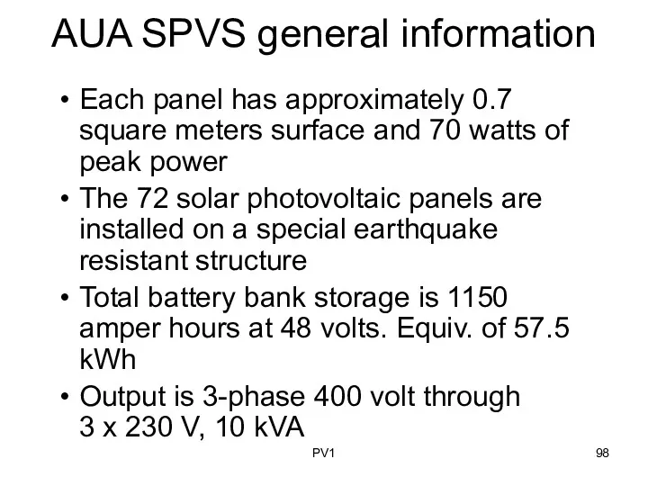 AUA SPVS general information Each panel has approximately 0.7 square