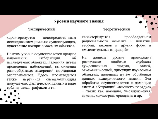 Уровни научного знания Эмпирический характеризуется непосредственным исследованием реально существующих, чувственно