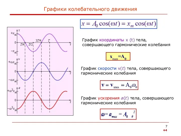 Графики колебательного движения График координаты x (t) тела, совершающего гармонические колебания График скорости
