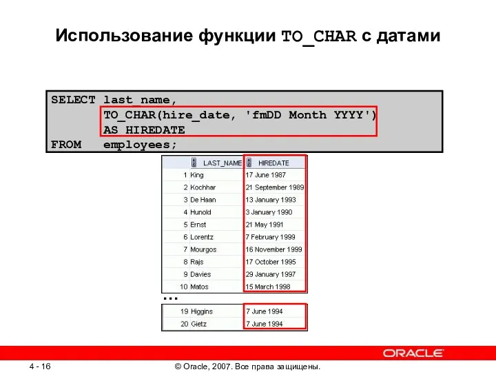 SELECT last_name, TO_CHAR(hire_date, 'fmDD Month YYYY') AS HIREDATE FROM employees; Использование функции TO_CHAR с датами …