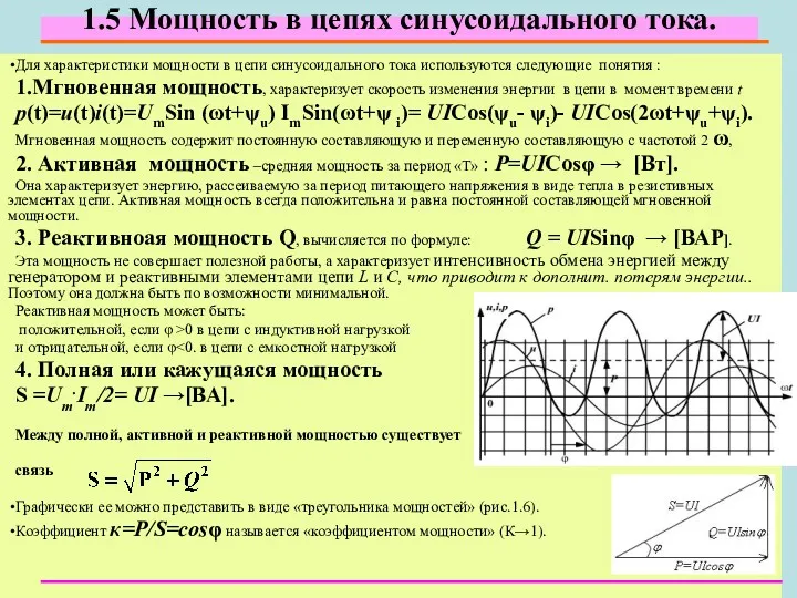 1.5 Мощность в цепях синусоидального тока. Для характеристики мощности в