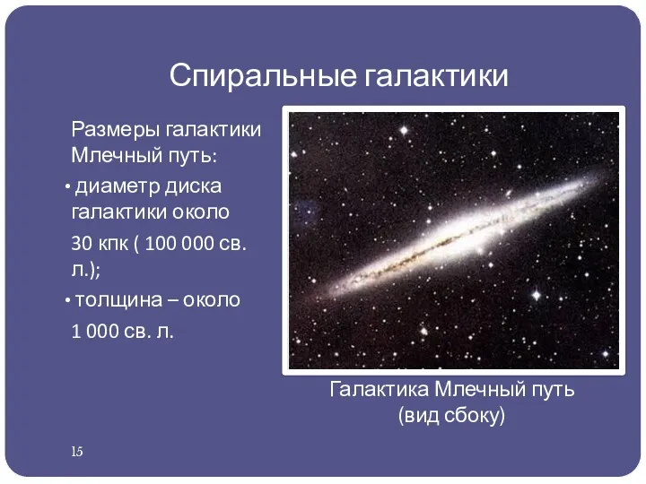 Спиральные галактики Размеры галактики Млечный путь: диаметр диска галактики около 30 кпк (