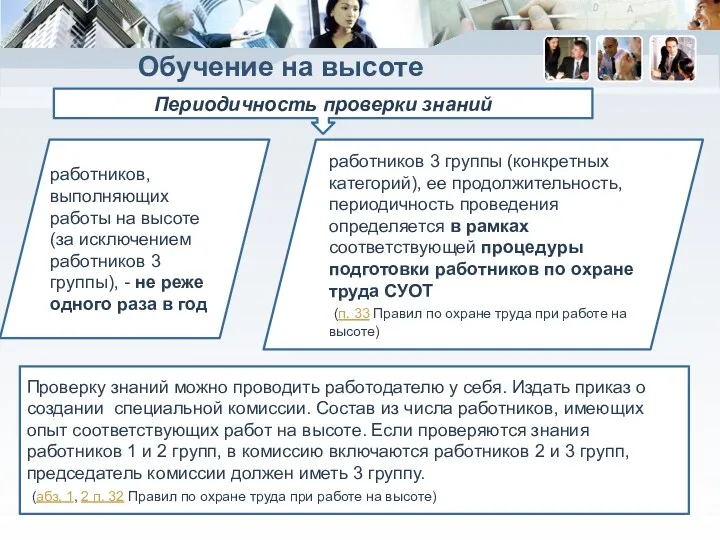 Обучение на высоте Периодичность проверки знаний работников, выполняющих работы на