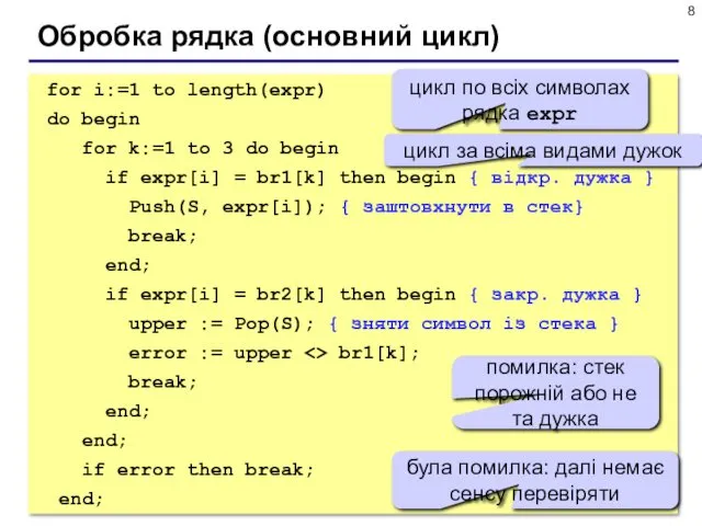 Обробка рядка (основний цикл) for i:=1 to length(expr) do begin