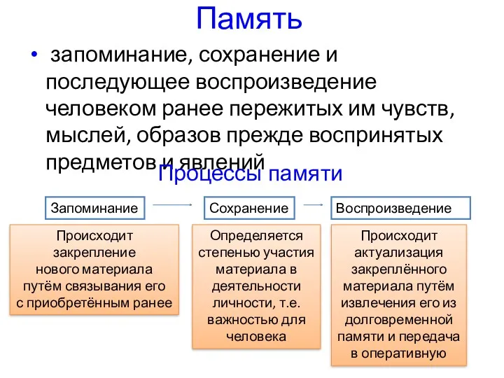 Память запоминание, сохранение и последующее воспроизведение человеком ранее пережитых им