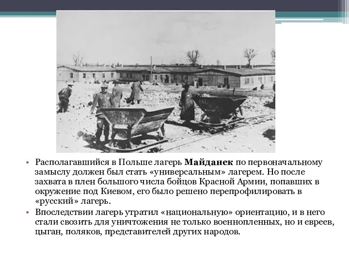 Располагавшийся в Польше лагерь Майданек по первоначальному замыслу должен был стать «универсальным» лагерем.