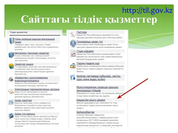 Сайттағы тілдік қызметтер http://til.gov.kz