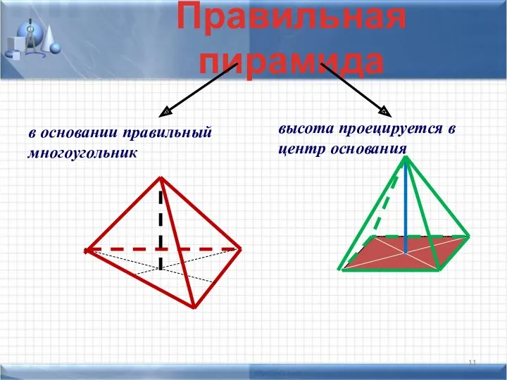 Правильная пирамида в основании правильный многоугольник высота проецируется в центр основания