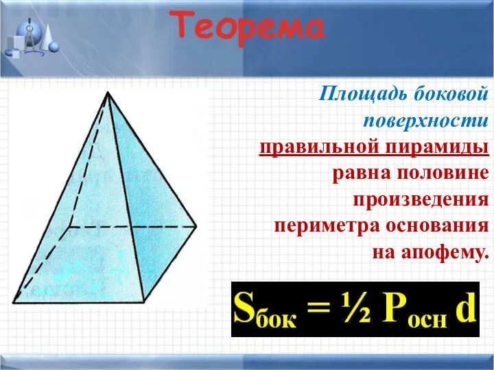 Теорема Площадь боковой поверхности правильной пирамиды равна половине произведения периметра основания на апофему.