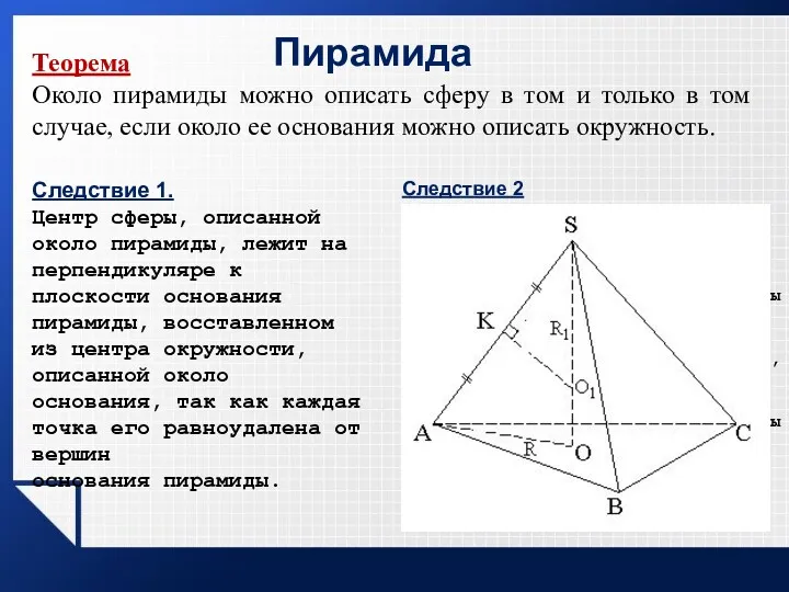 Пирамида Теорема Около пирамиды можно описать сферу в том и