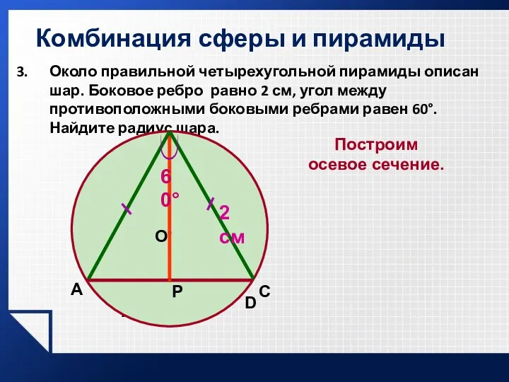 Комбинация сферы и пирамиды Около правильной четырехугольной пирамиды описан шар.