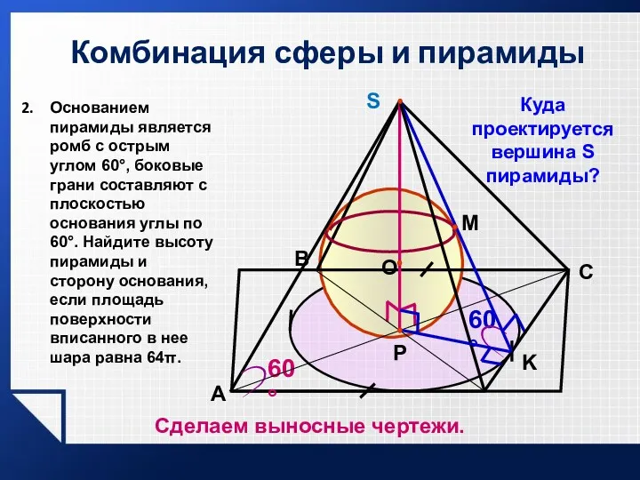 Комбинация сферы и пирамиды 60° A P K 60° C