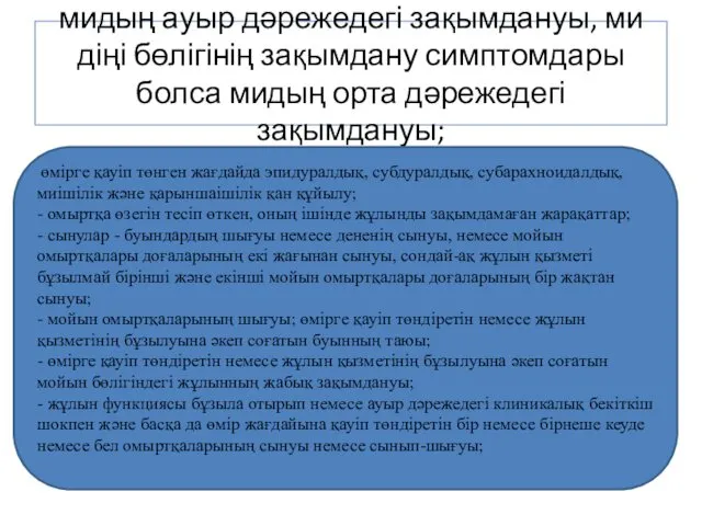 мидың ауыр дәрежедегі зақымдануы, ми діңі бөлігінің зақымдану симптомдары болса