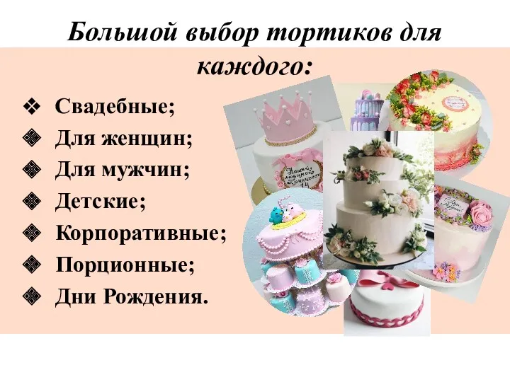 Большой выбор тортиков для каждого: Свадебные; Для женщин; Для мужчин; Детские; Корпоративные; Порционные; Дни Рождения.