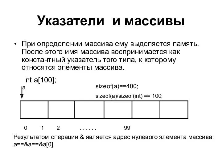 Указатели и массивы При определении массива ему выделяется память. После