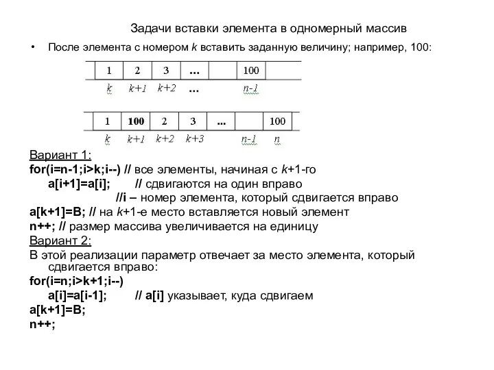 После элемента с номером k вставить заданную величину; например, 100: Вариант 1: for(i=n-1;i>k;i--)