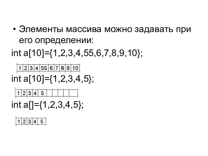 Элементы массива можно задавать при его определении: int a[10]={1,2,3,4,55,6,7,8,9,10}; int a[10]={1,2,3,4,5}; int a[]={1,2,3,4,5};