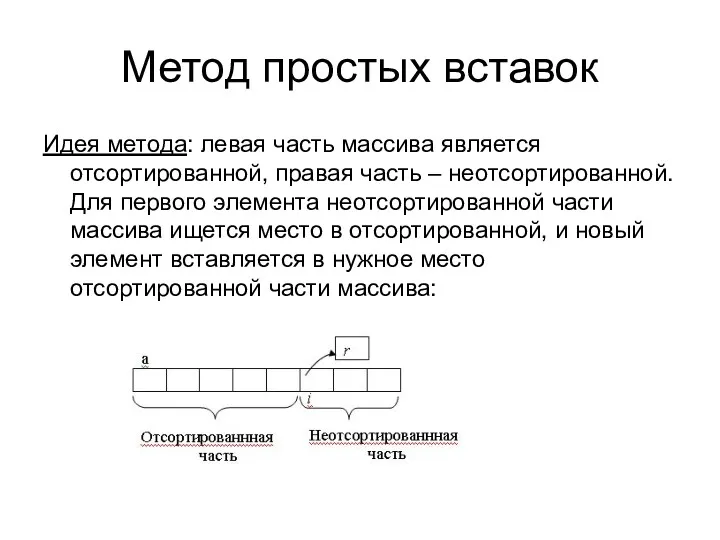 Метод простых вставок Идея метода: левая часть массива является отсортированной,