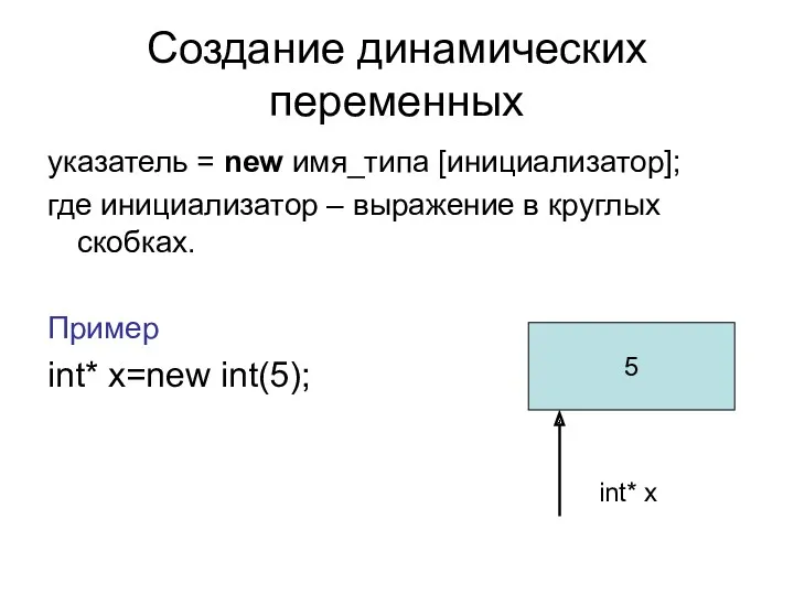 Создание динамических переменных указатель = new имя_типа [инициализатор]; где инициализатор