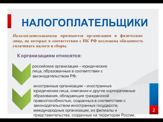 НАЛОГОПЛАТЕЛЬЩИКИ Налогоплательщиками признаются организации и физические лица, на которых в