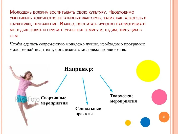 Молодежь должна воспитывать свою культуру. Необходимо уменьшить количество негативных факторов,