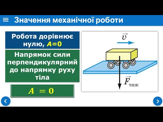 Значення механічної роботи Робота дорівнює нулю, А=0 Напрямок сили перпендикулярний до напрямку руху тіла