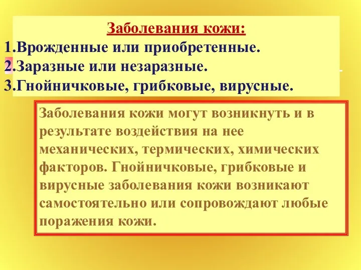 Заболевания кожи: Врожденные или приобретенные. Заразные или незаразные. Гнойничковые, грибковые,