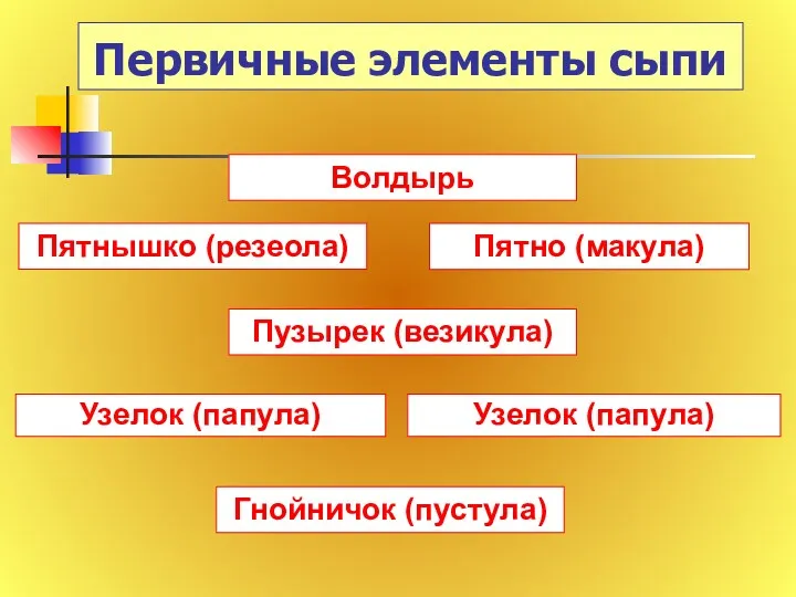 Первичные элементы сыпи Пятнышко (резеола) Пятно (макула) Узелок (папула) Узелок (папула) Волдырь Пузырек (везикула) Гнойничок (пустула)