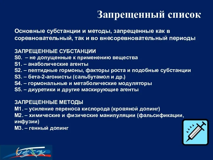 Запрещенный список Основные субстанции и методы, запрещенные как в соревновательный,