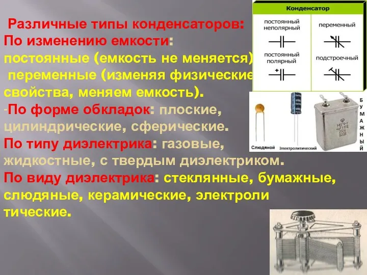 Различные типы конденсаторов: По изменению емкости: постоянные (емкость не меняется),