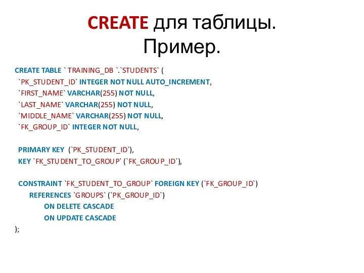 CREATE для таблицы. Пример. CREATE TABLE ` TRAINING_DB `.`STUDENTS` (