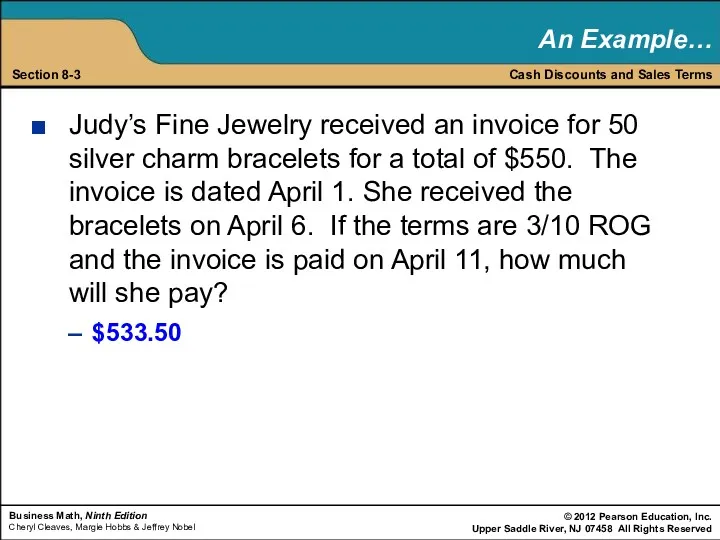 Judy’s Fine Jewelry received an invoice for 50 silver charm