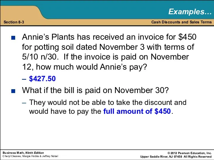 Annie’s Plants has received an invoice for $450 for potting