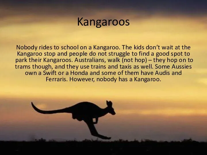 Kangaroos Nobody rides to school on a Kangaroo. The kids