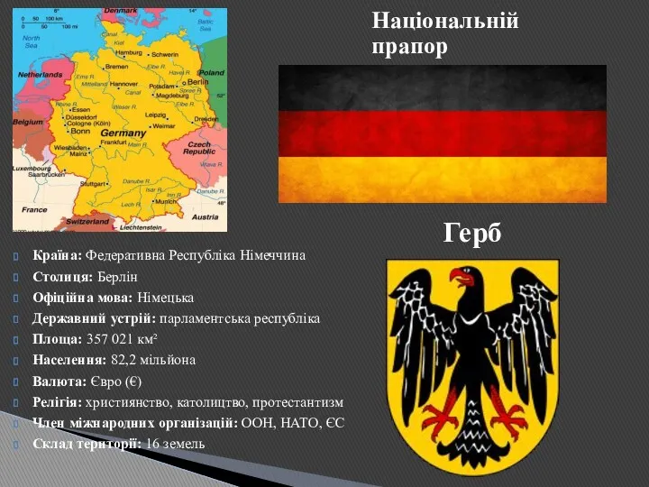 Країна: Федеративна Республіка Німеччина Столиця: Берлін Офіційна мова: Німецька Державний