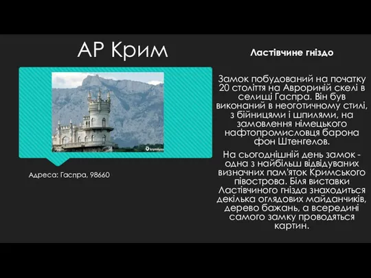 Адреса: Гаспра, 98660 Ластівчине гніздо Замок побудований на початку 20