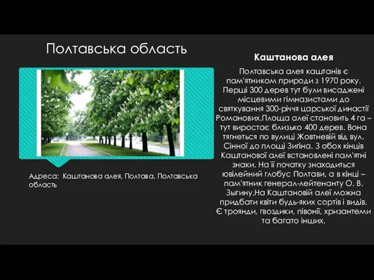 Адреса: Каштанова алея, Полтава, Полтавська область Каштанова алея Полтавська алея