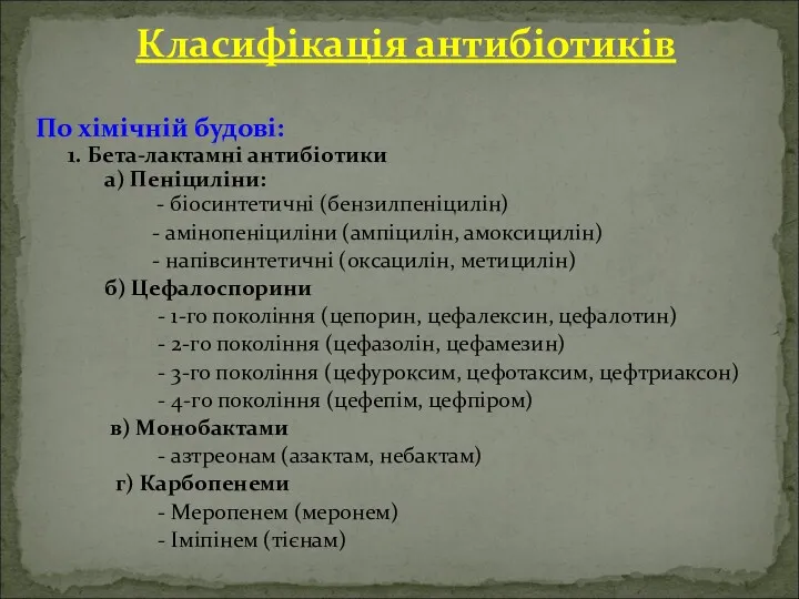 Класифікація антибіотиків По хімічній будові: 1. Бета-лактамні антибіотики а) Пеніциліни: