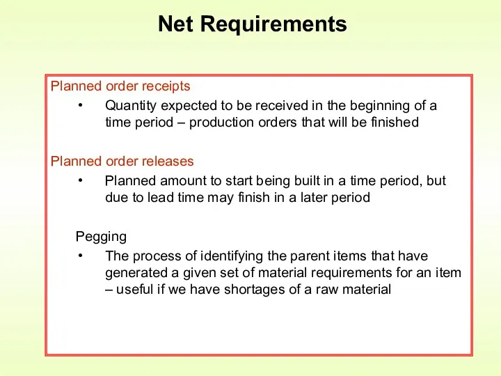 Net Requirements Planned order receipts Quantity expected to be received