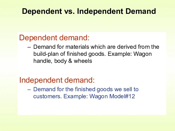 Dependent demand: Demand for materials which are derived from the build-plan of finished